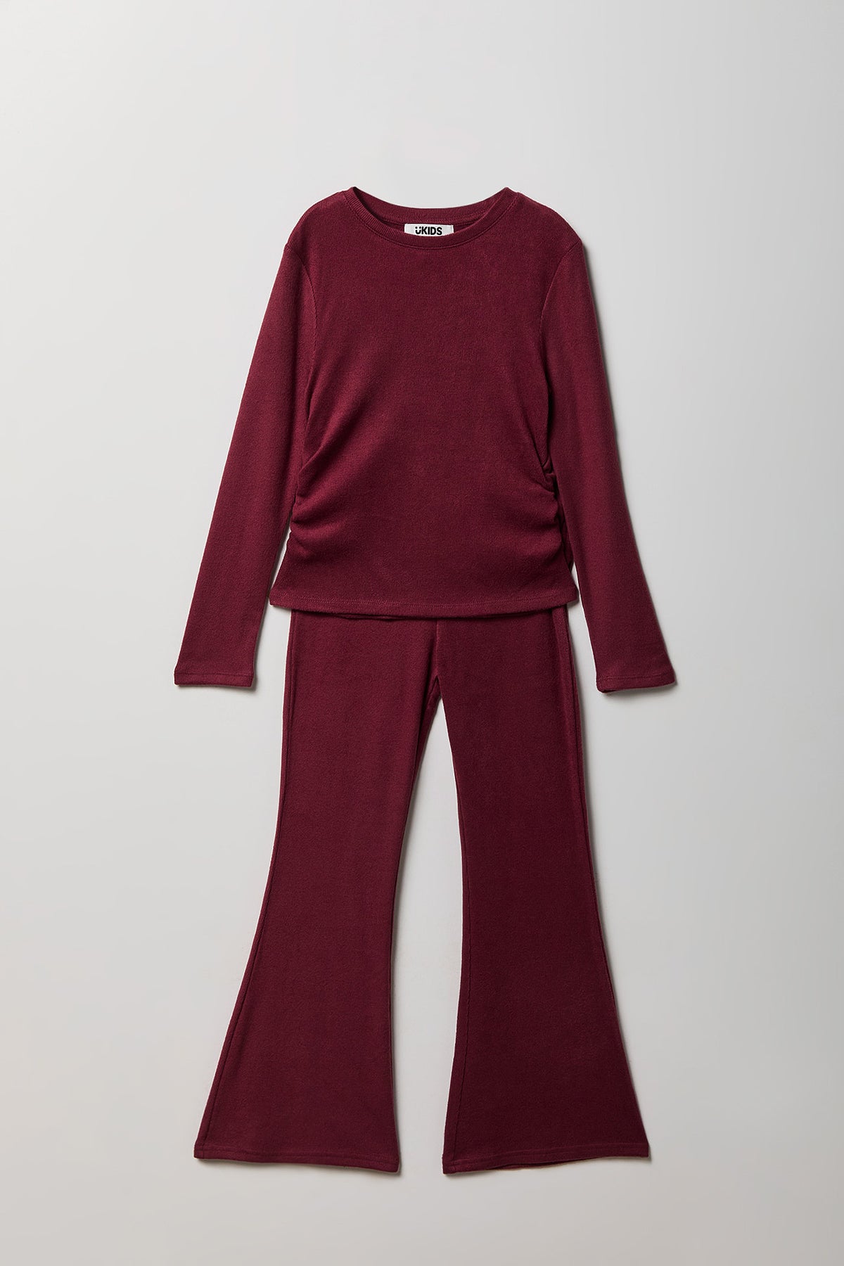 Girls Ruched Long Sleeve & Flare Pant Set - Burgundy
