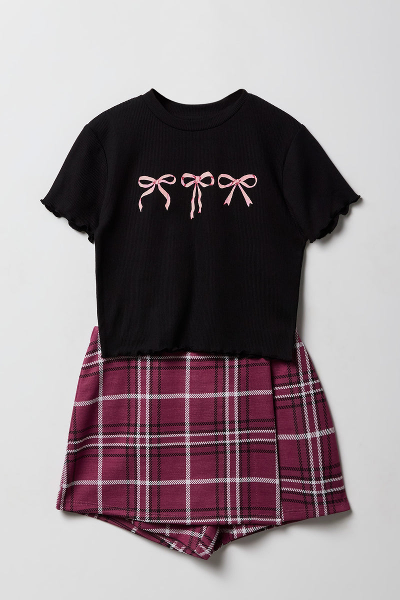Ensemble 2 pièces t-shirt imprimé et jupe-short à carreaux pour filles