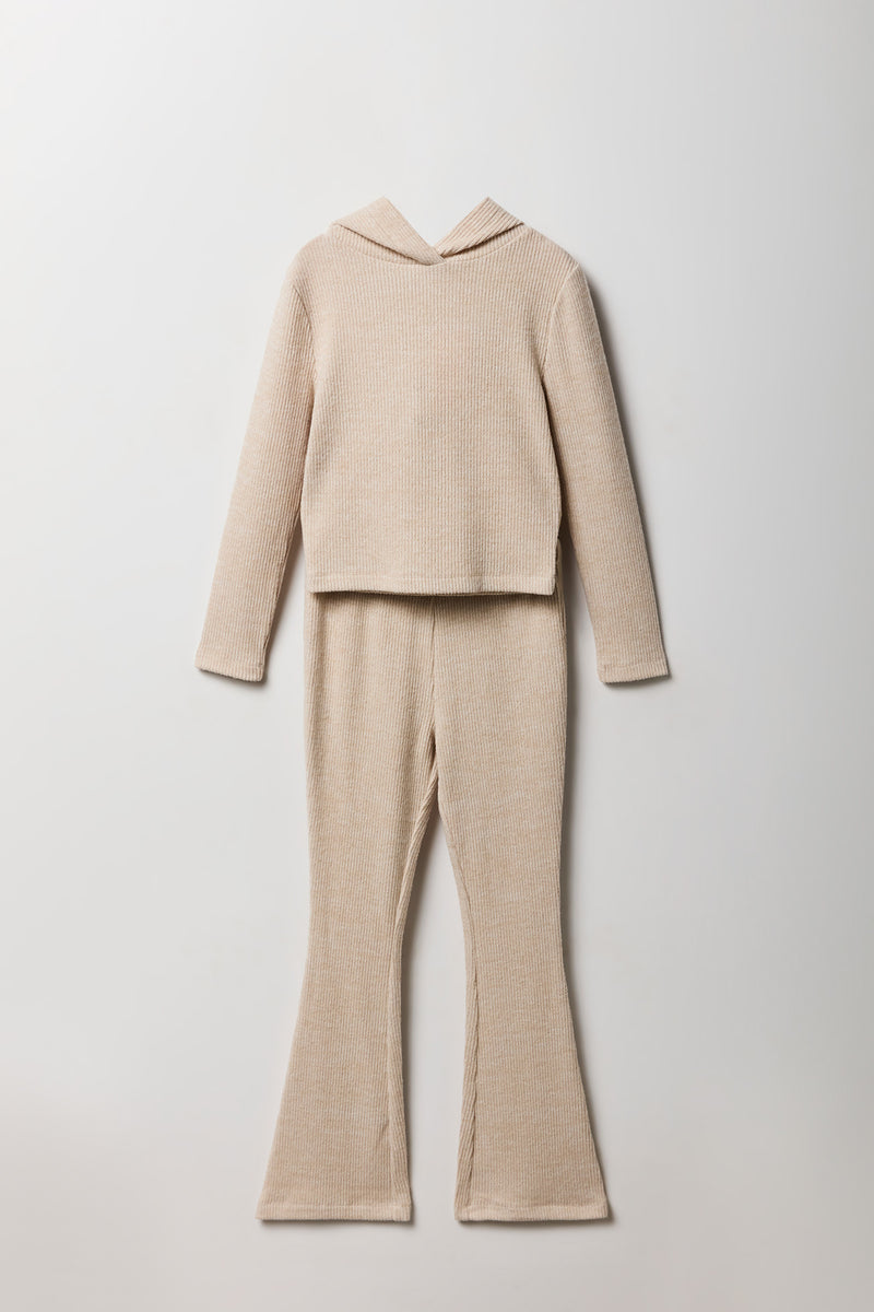 Girls Ribbed Hooded Top & Flare Pant 2 Piece Set