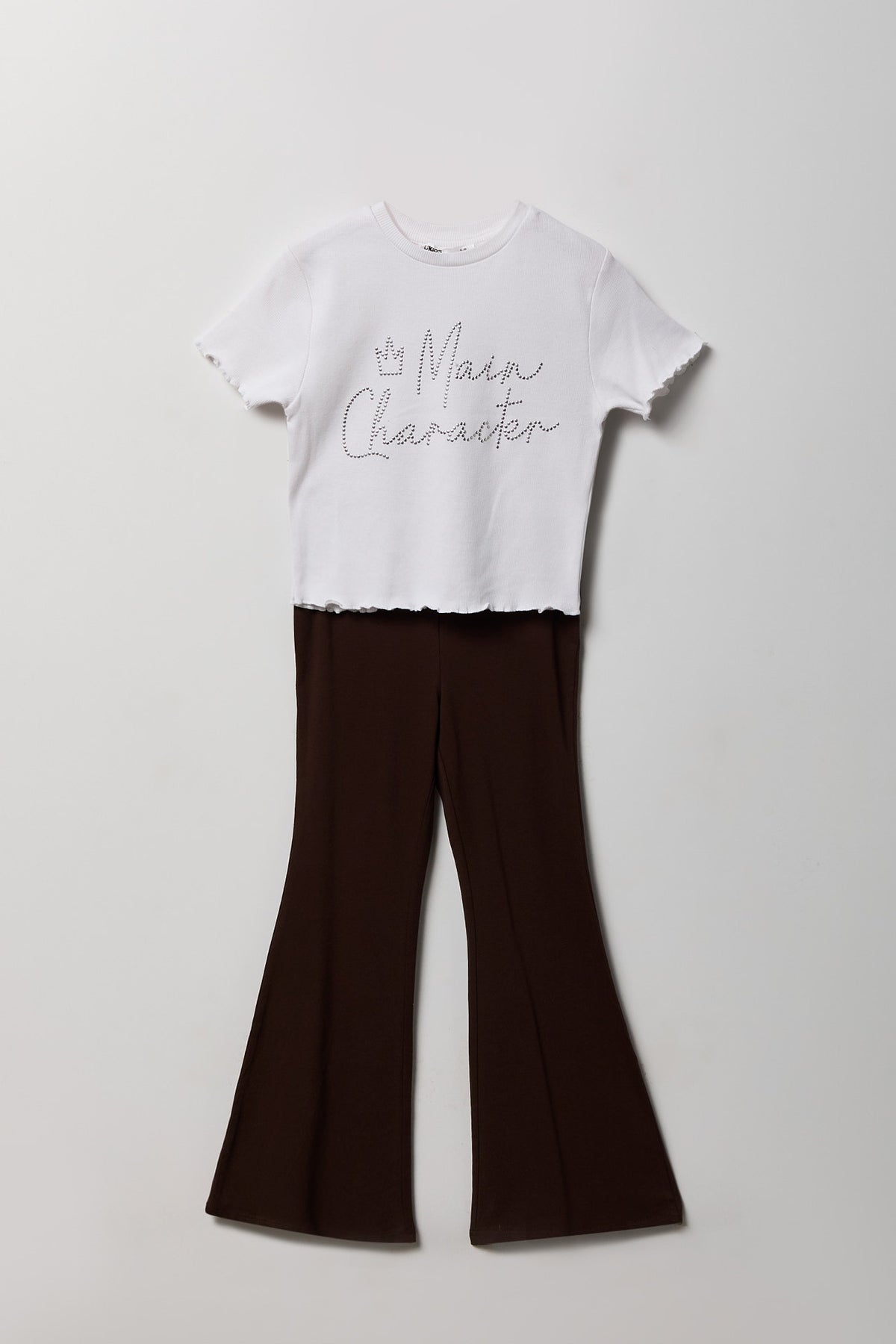 Girls Rhinestone T-Shirt & Flare Pant Set - Brown