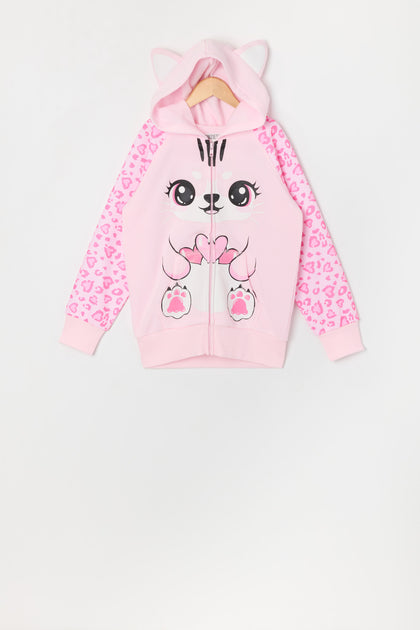 Girls Heart Cheetah Kitty Zip-Up Character Hoodie