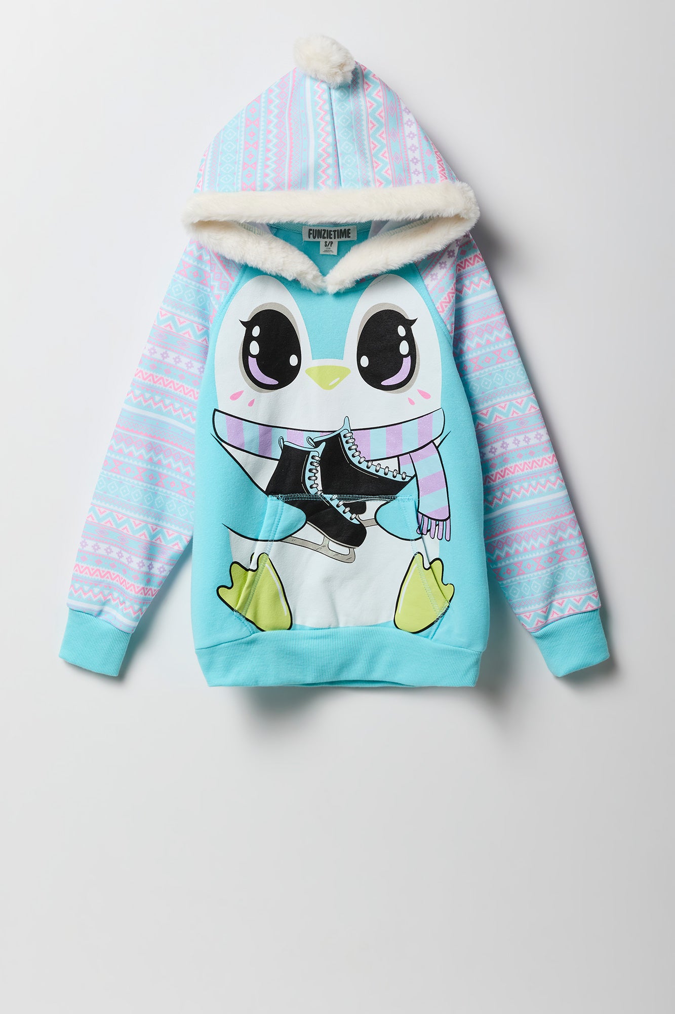 Girls Penguin Skate Faux Fur Trim Character Hoodie