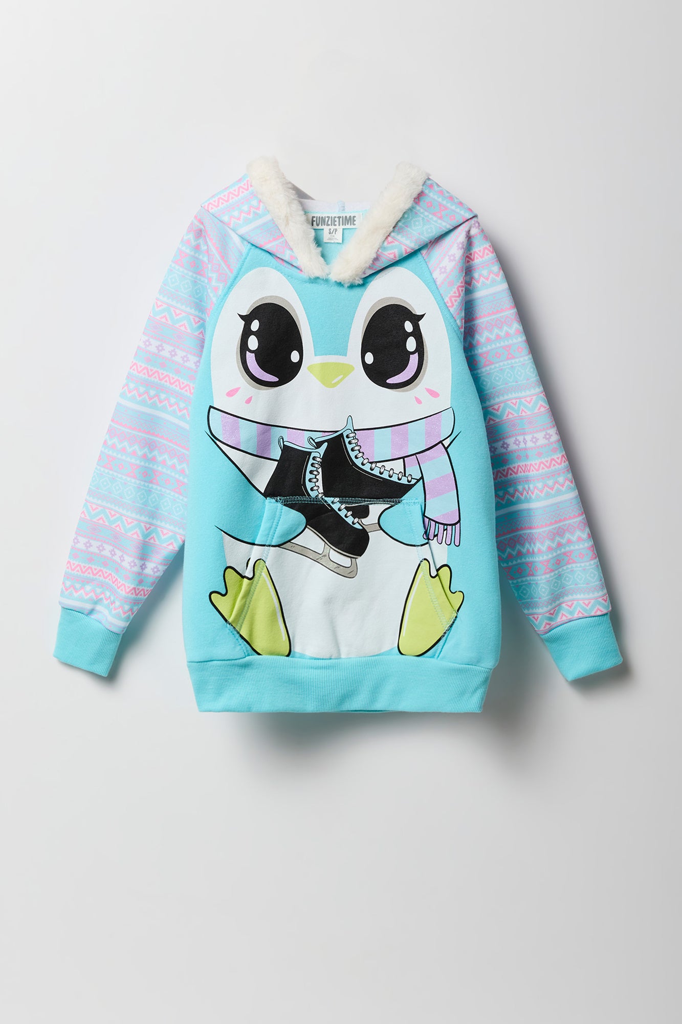 Girls Penguin Skate Faux Fur Trim Character Hoodie