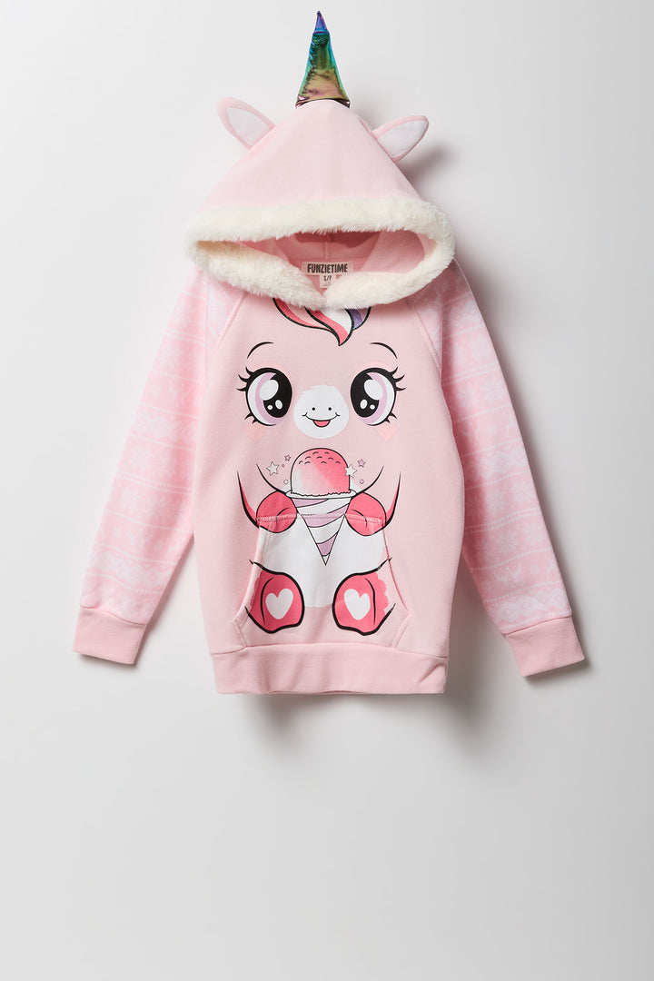 Urban Planet Girls Unicorn Snow Cone Faux Fur Trim Character Hoodie Light Pink