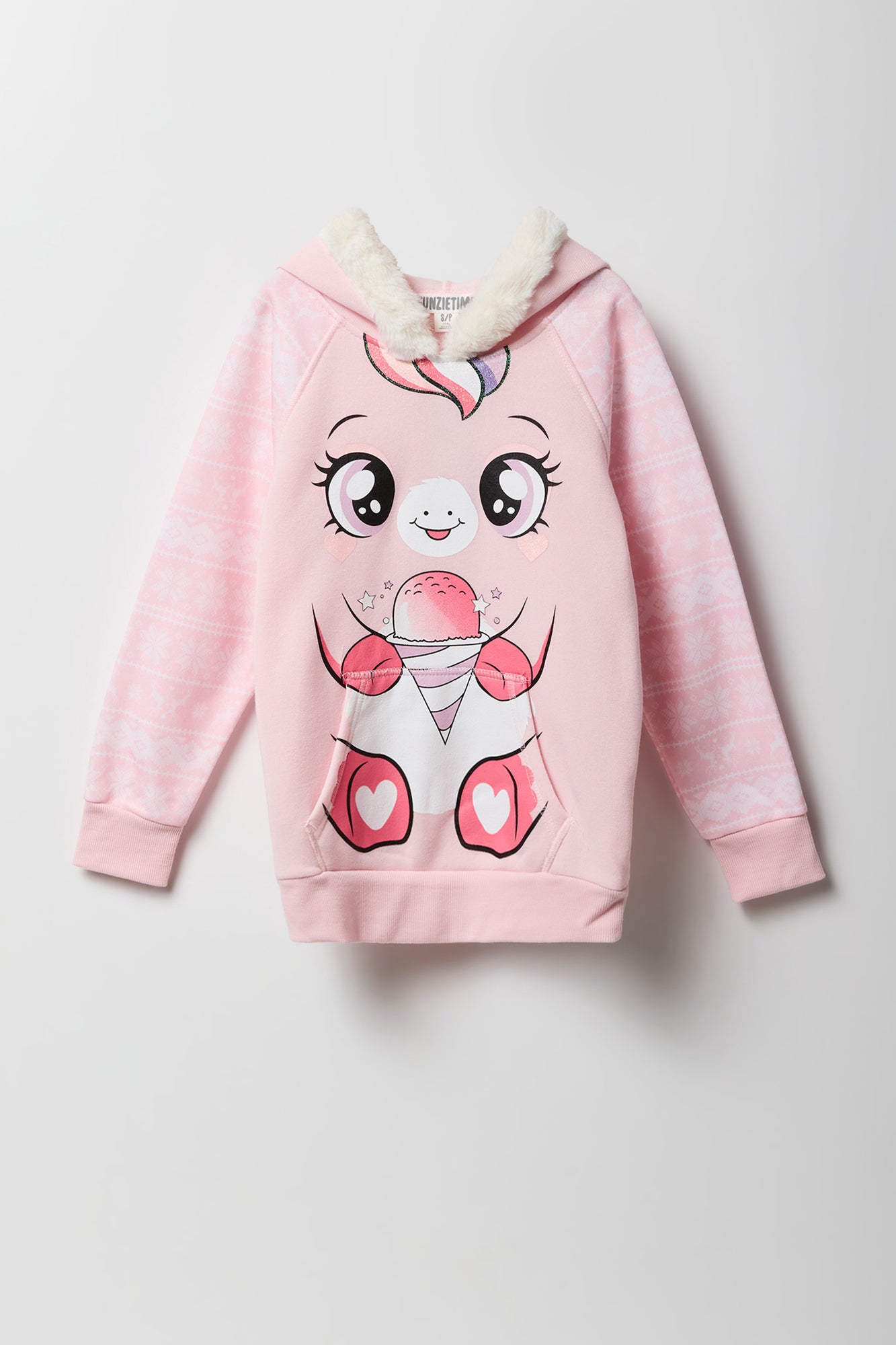 Girls Unicorn Snow Cone Faux Fur Trim Character Hoodie