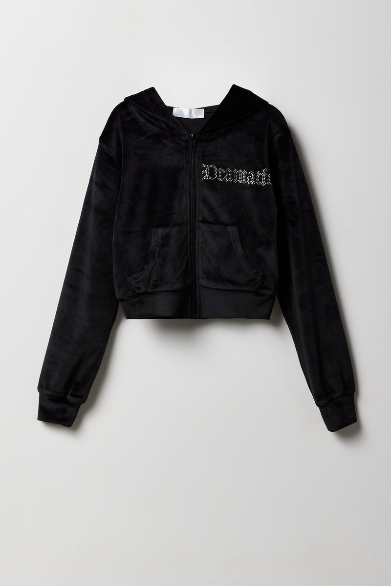 Girls Rhinestone Velour Zip-Up Hoodie