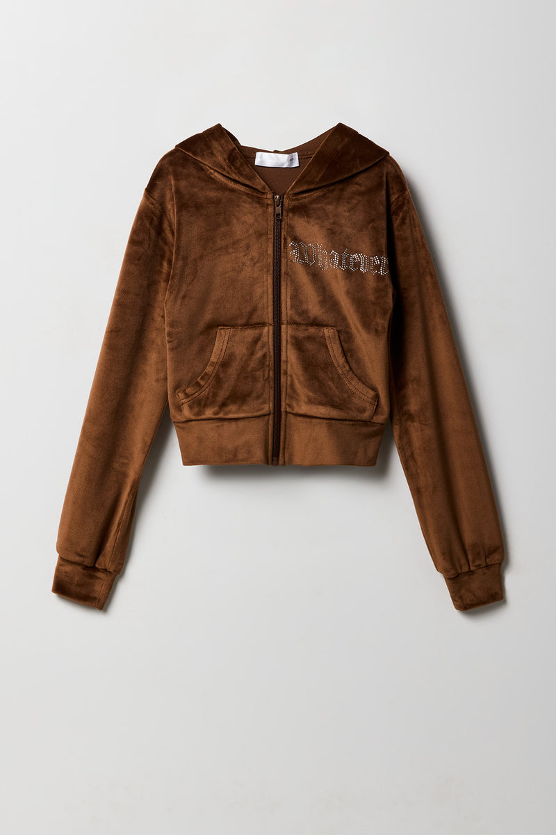 Girls Rhinestone Velour Zip-Up Hoodie
