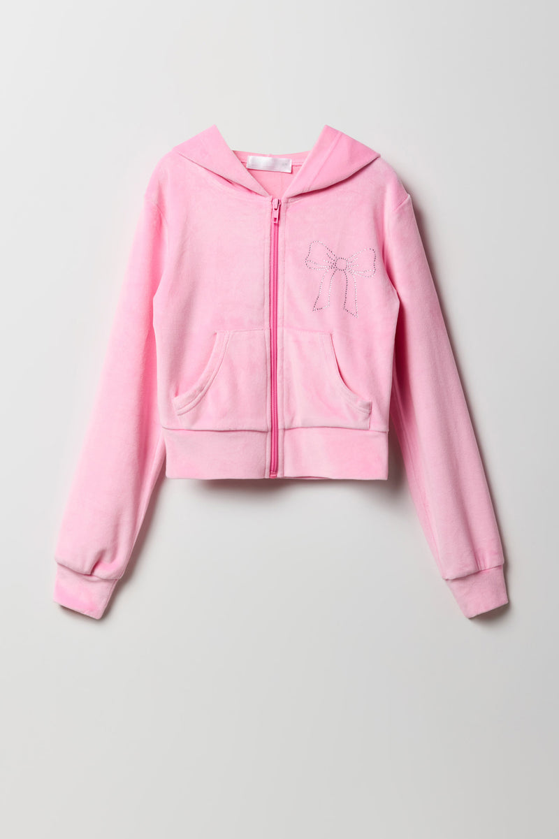 Girls Rhinestone Velour Zip-Up Hoodie