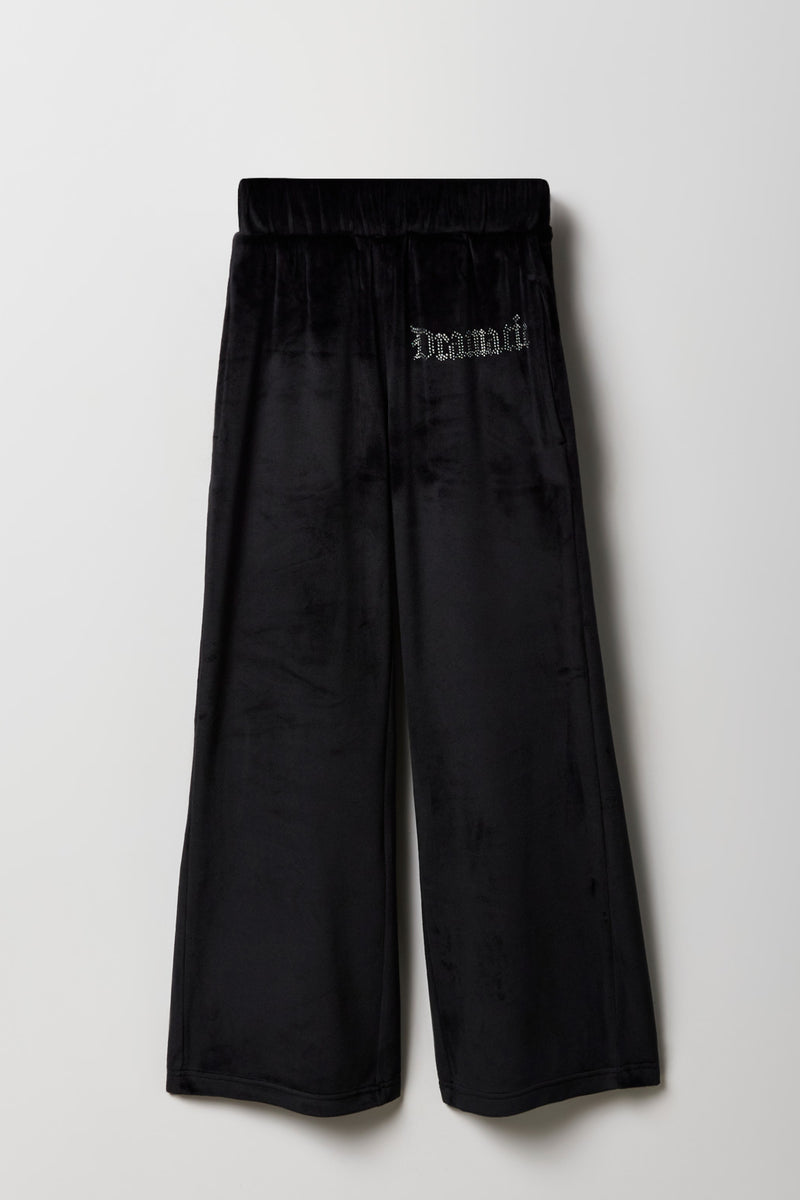 Girls Rhinestone Velour Wide Leg Pant