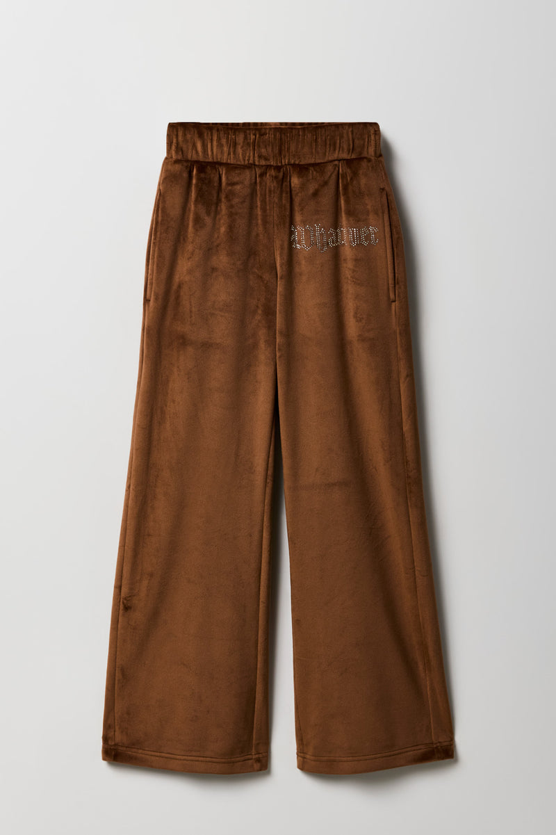 Girls Rhinestone Velour Wide Leg Pant
