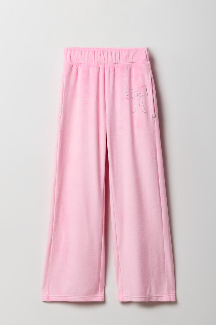Girls Rhinestone Velour Wide Leg Pant