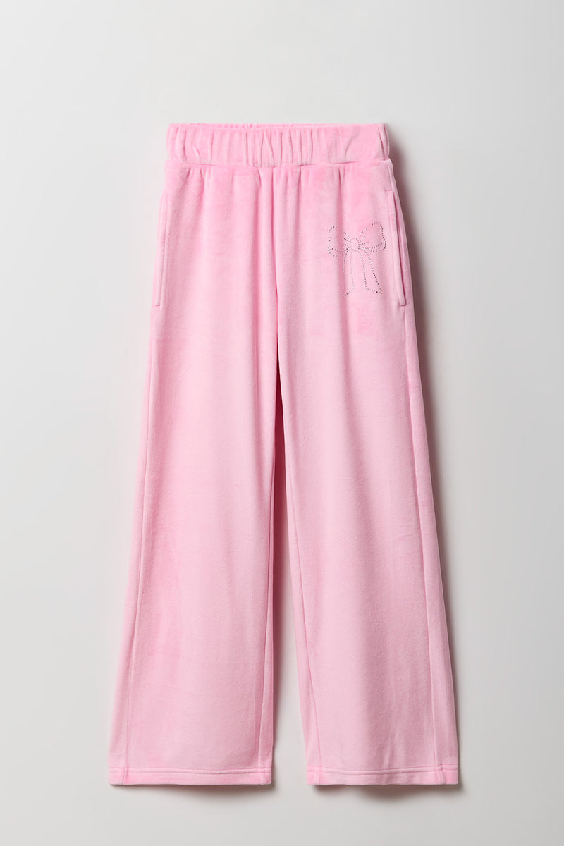 Girls Rhinestone Velour Wide Leg Pant