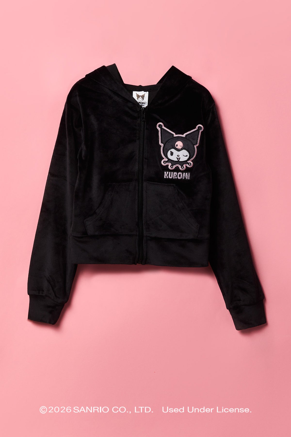 Kuromi™ Girls Embroidered Velour Zip-Up Hoodie - Black