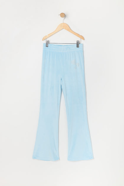 Pantalon à jambe évasée en velours à imprimé Coeur avec pierres du Rhin pour fille