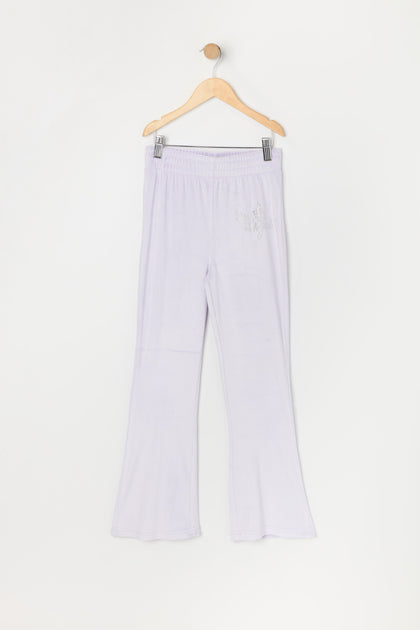 Pantalon à jambe évasée en velours à imprimé Ange avec pierres du Rhin pour fille