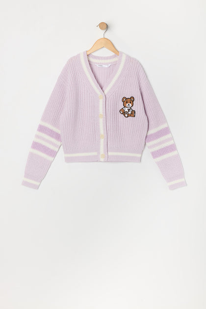 Cardigan en tricot rayé avec motif brodé en chenille pour fille