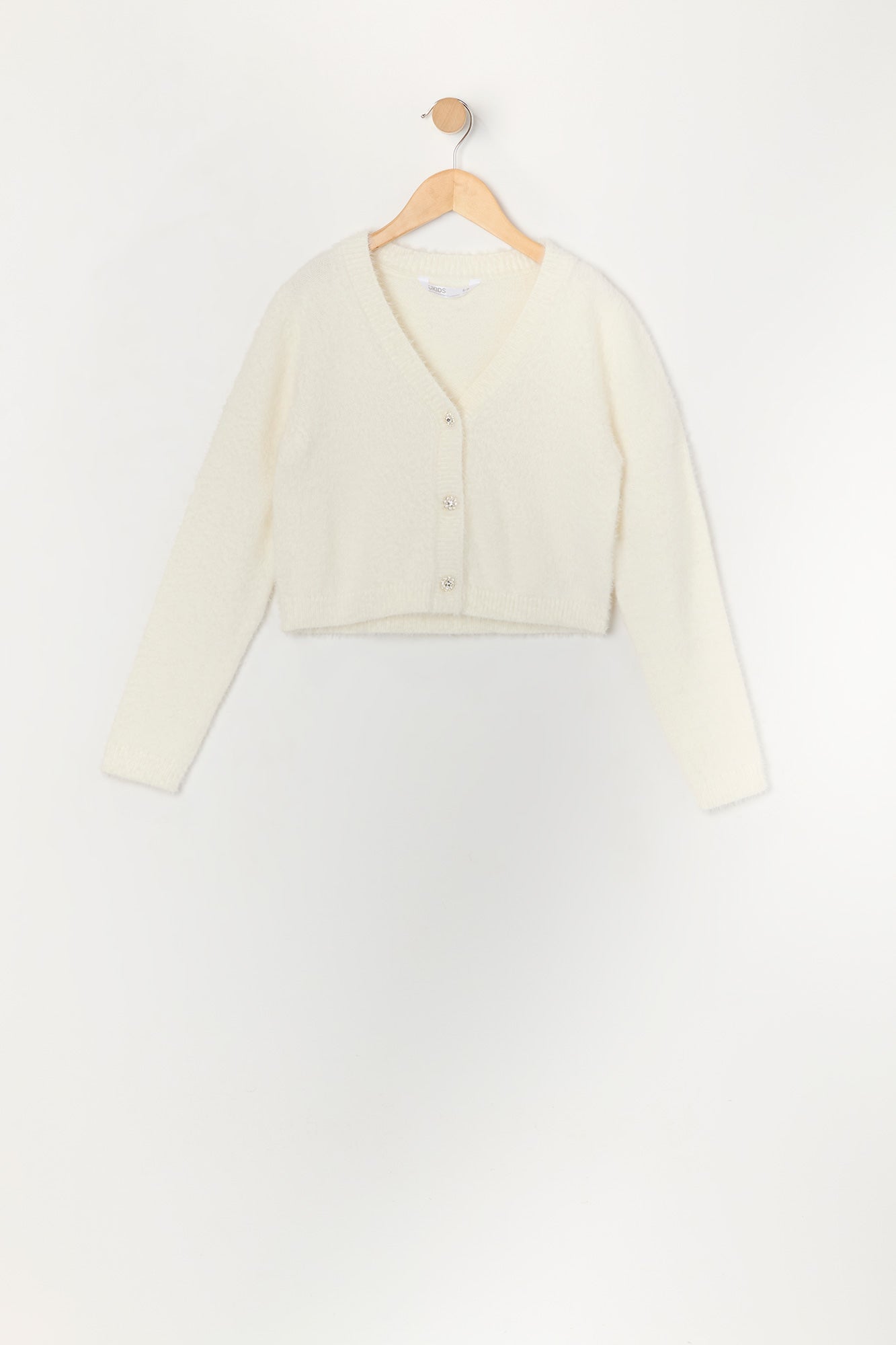 Cardigan boutonné en tricot pelucheux avec pierres du Rhin pour fille