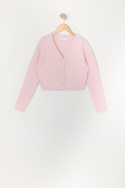 Cardigan boutonné en tricot pelucheux avec pierres du Rhin pour fille