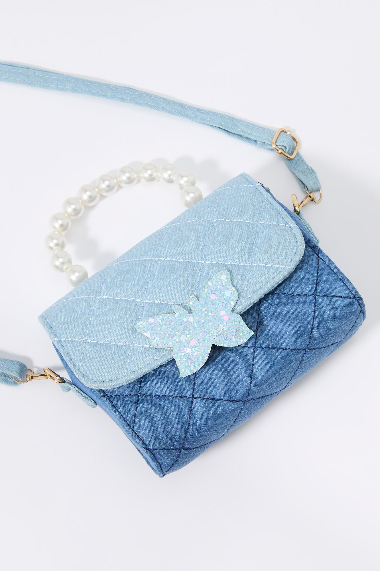 Girls Denim Quilted Butterfly Crossbody Purse