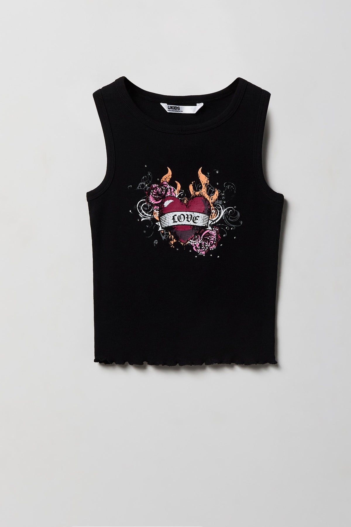Girls Rhinestone Graphic Ribbed Tank - Black