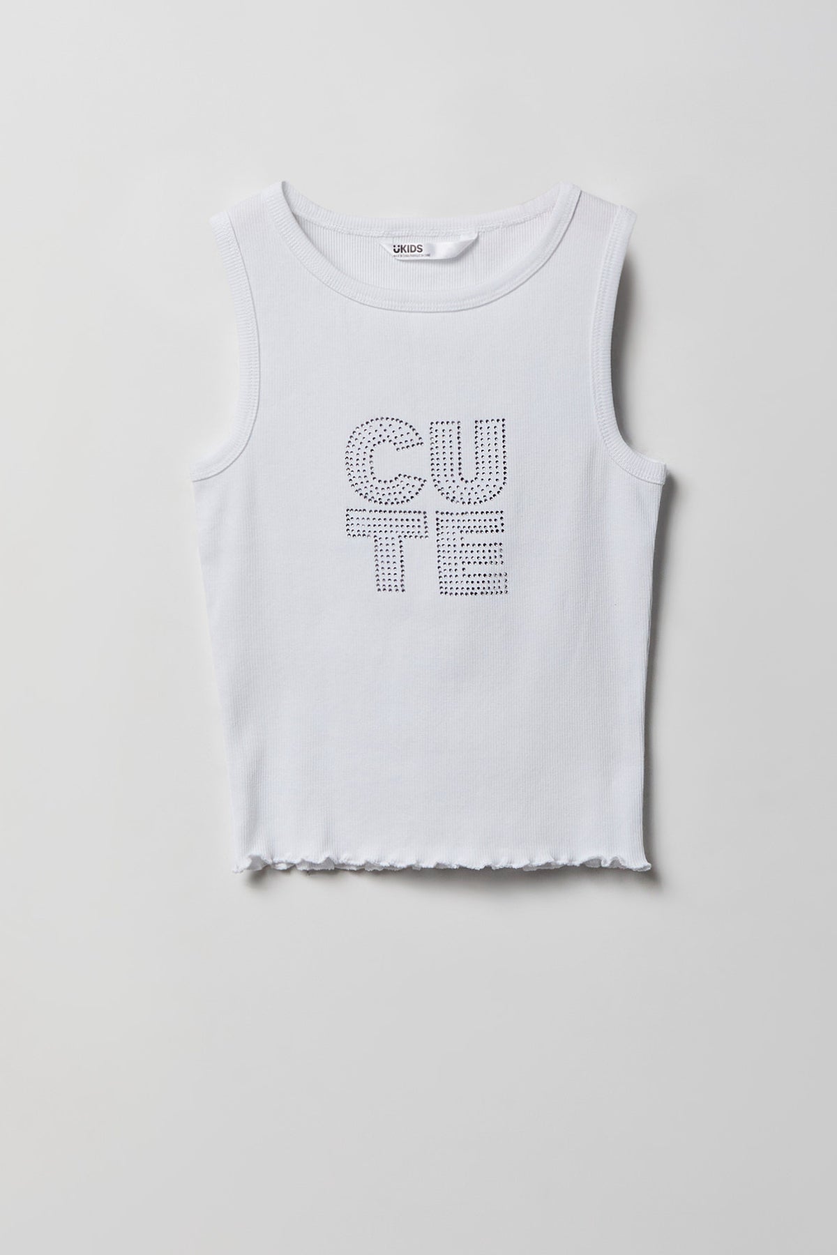 Girls Rhinestone Graphic Ribbed Tank - White