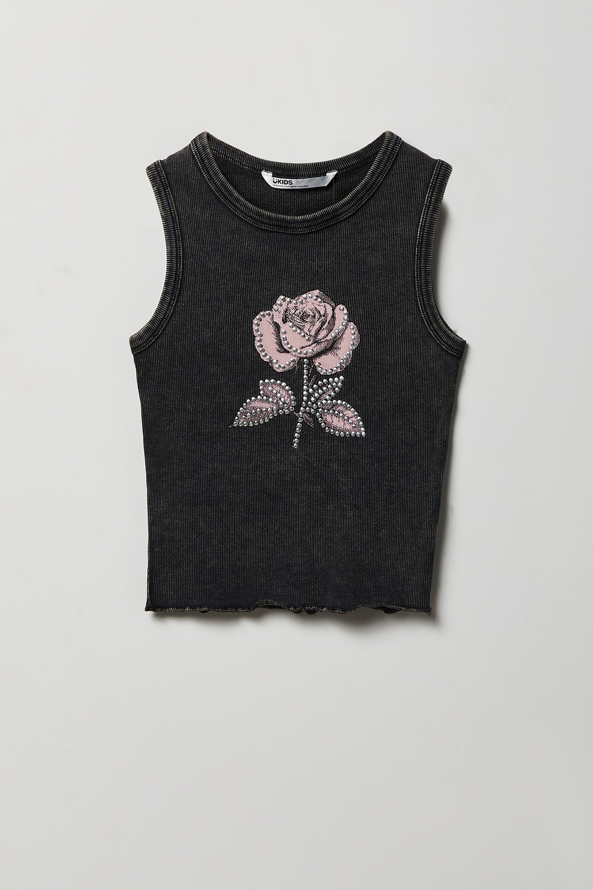 Girls Studded Washed Ribbed Tank - Black