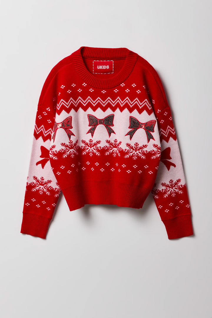 Girls Sequin Bow Christmas Sweater