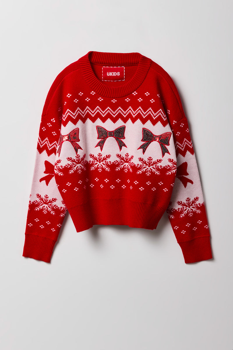 Girls Sequin Bow Christmas Sweater