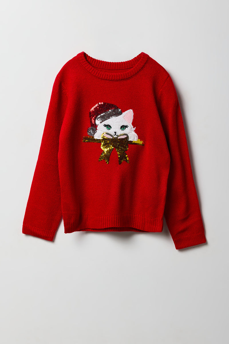 Chandail de Noël avec chat en paillettes pour filles
