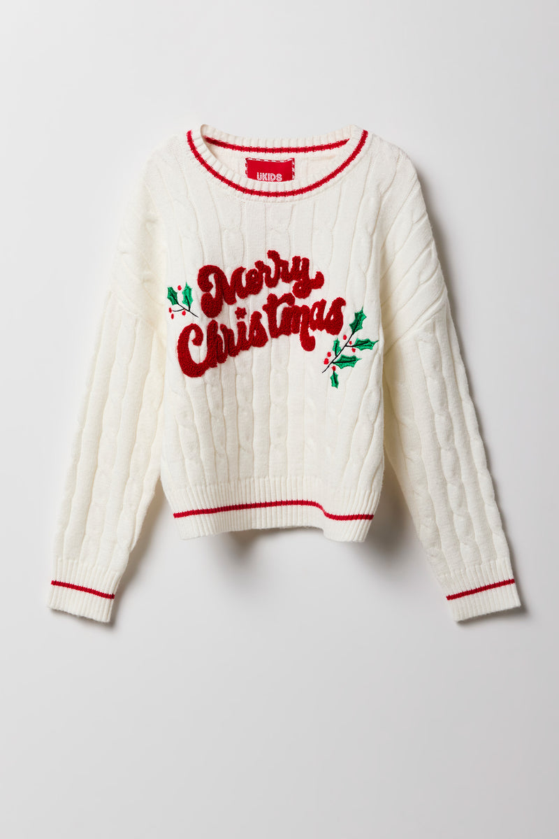 Girls Christmas Chenille Embroidered Cable Knit Sweater