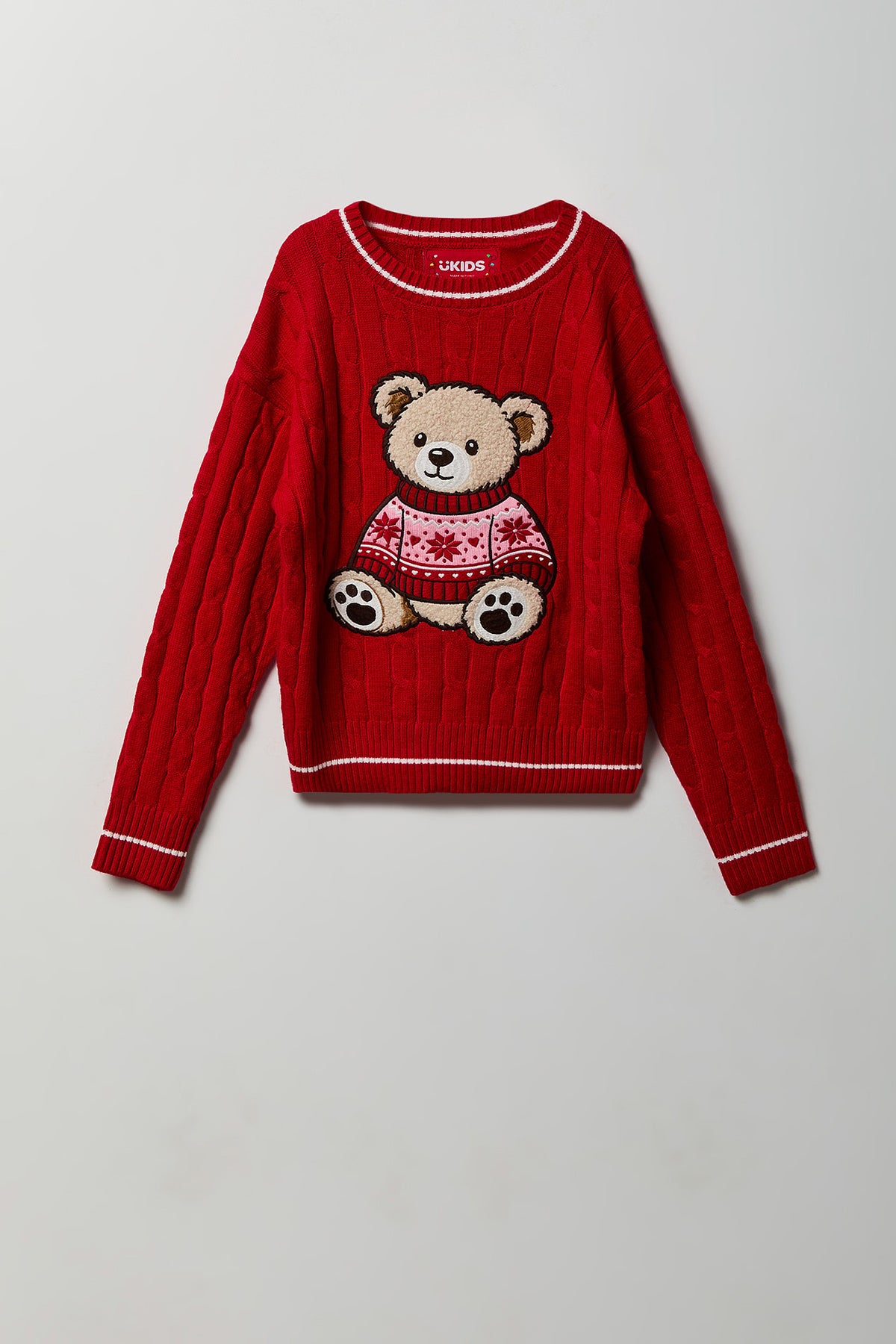 Chandail de Noël en tricot torsadé à imprimé Ourson pour fille