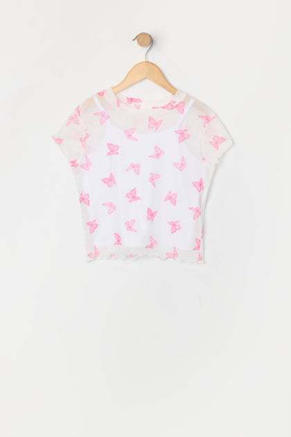 Ensemble avec t-shirt en filet à imprimé Papillon et camisole pour fille