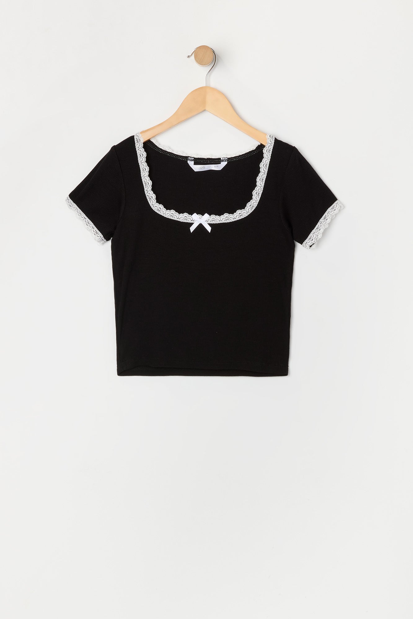 Girls Ribbed Lace Bow Trim T-Shirt