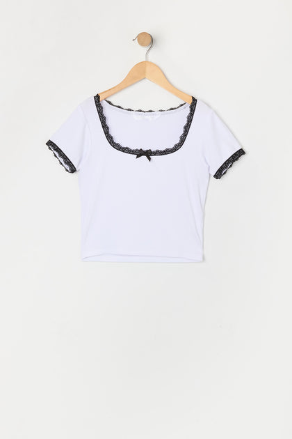 Girls Ribbed Lace Bow Trim T-Shirt