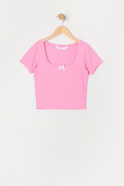 Girls Ribbed Lace Bow Trim T-Shirt