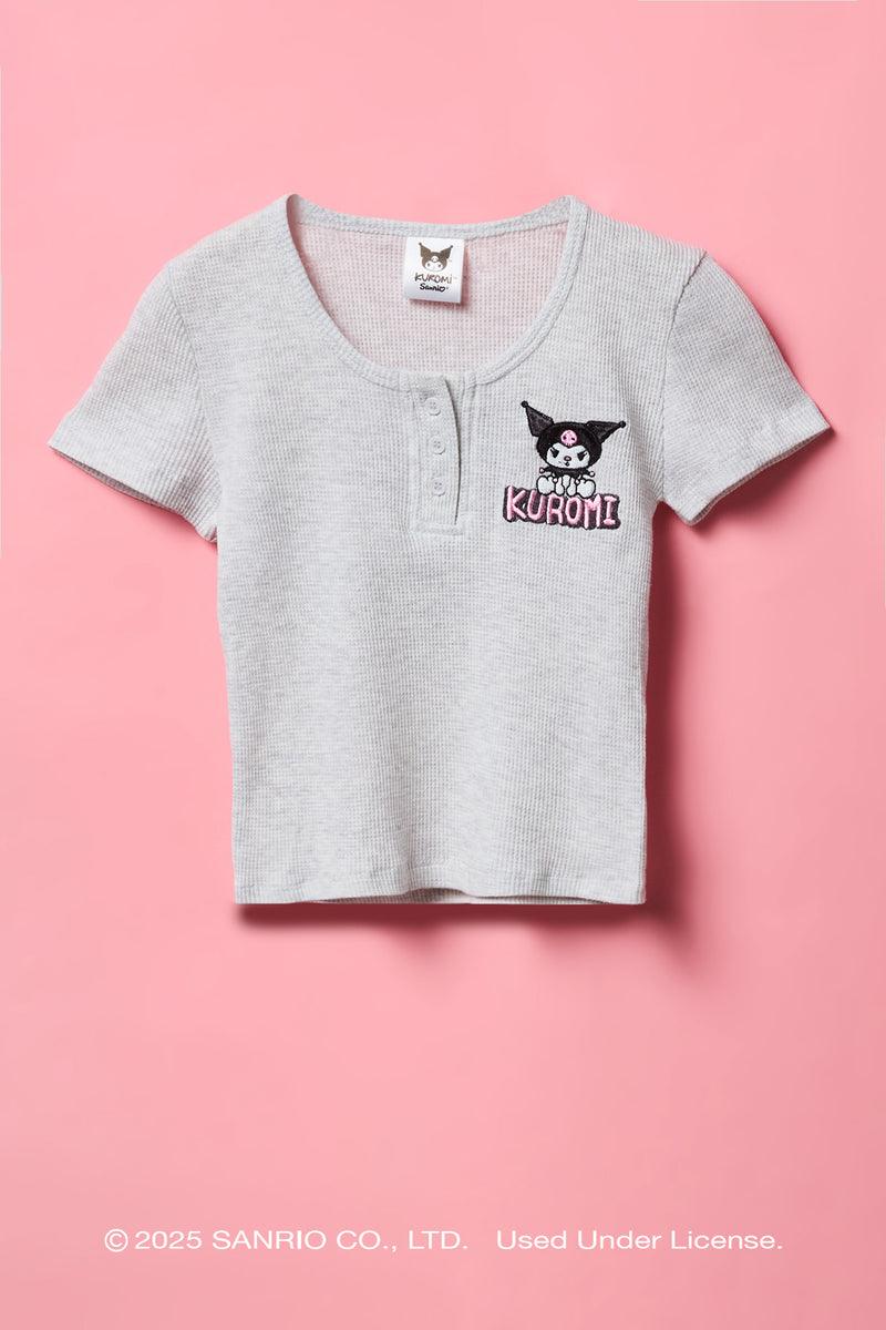 T-shirt Henley gaufré avec motif brodé Kuromi™ pour fille