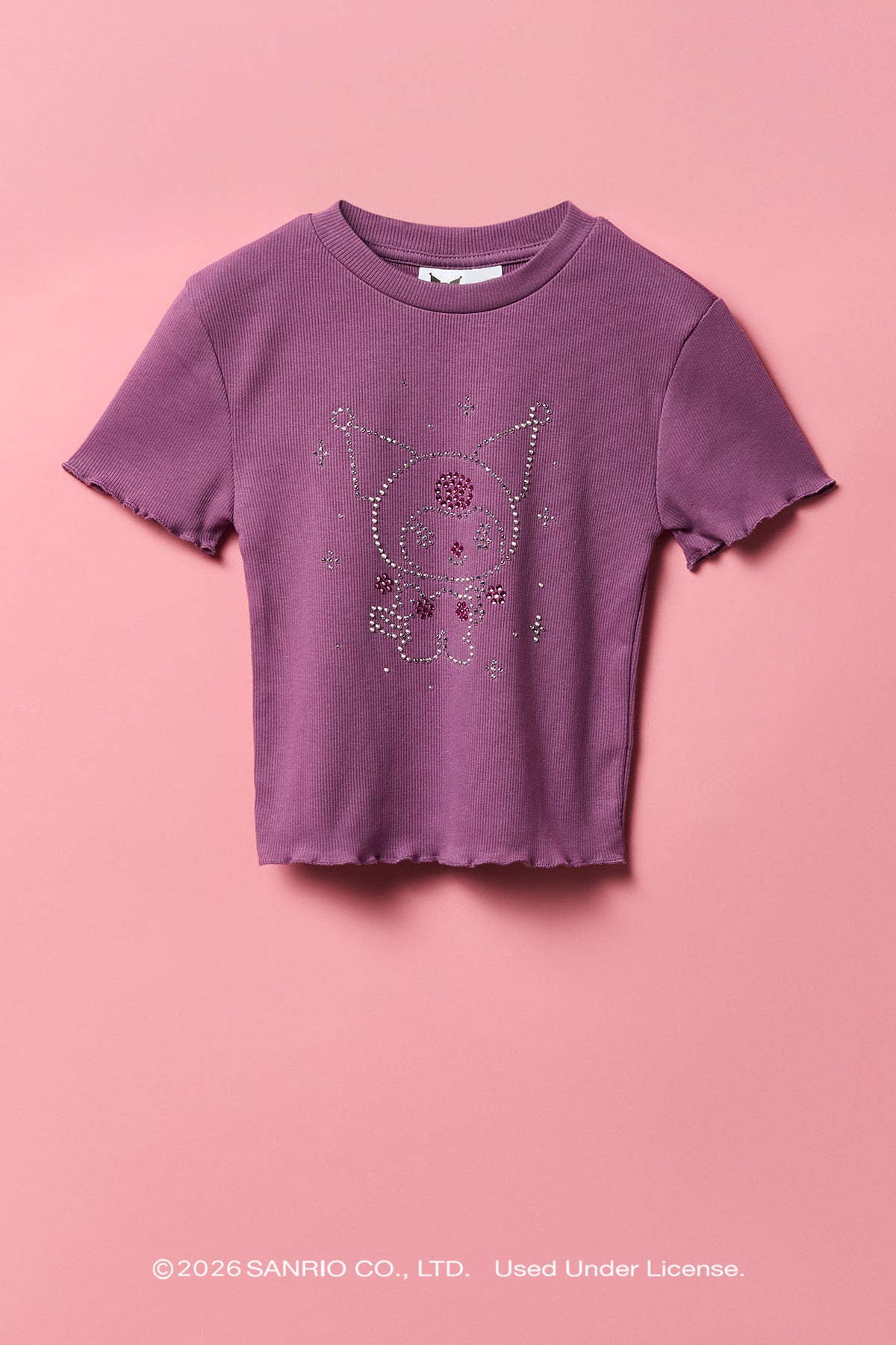 T-shirt côtelé à imprimé Kuromi™ avec pierres du Rhin pour fille