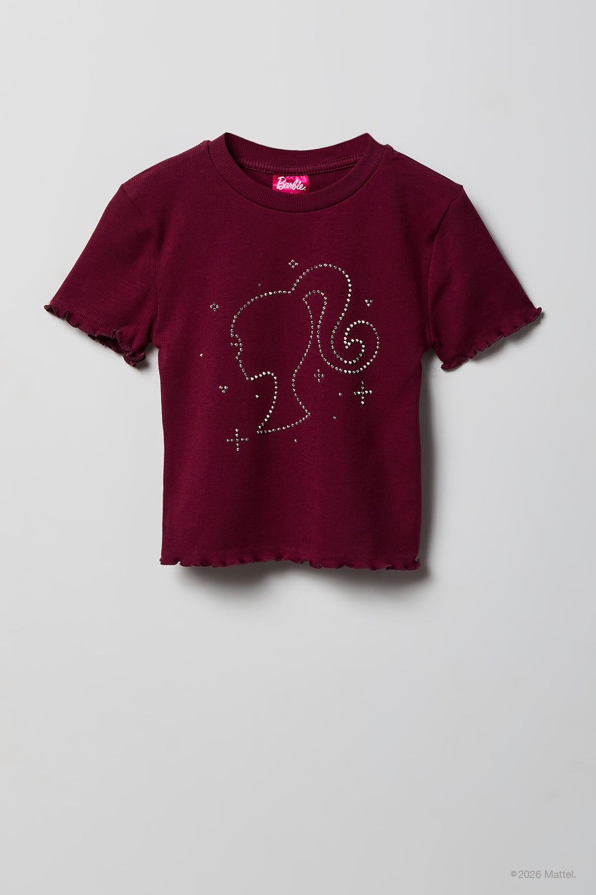 Barbie™ Girls Rhinestone Ribbed T-Shirt - Burgundy