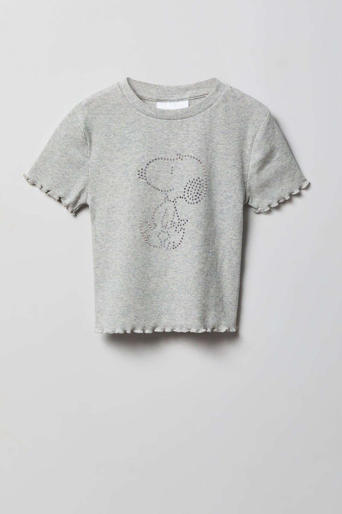 Girls Peanuts Snoopy Rhinestone Ribbed T-Shirt - Heather Grey
