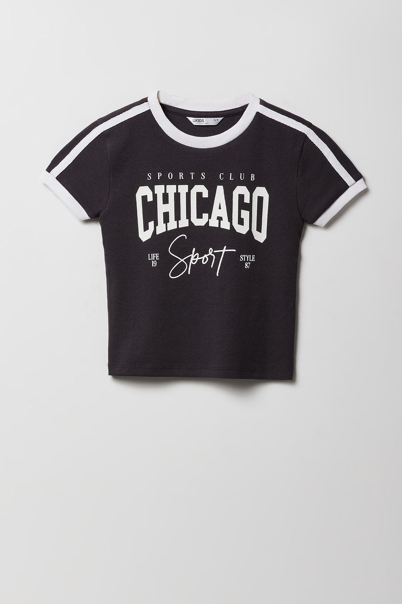 T-shirt côtelé à liséré contrastant avec imprimé Sporty pour fille