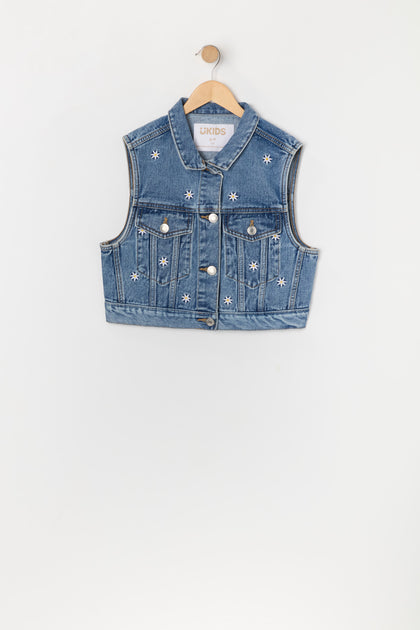 Veste en denim avec motif brodé Marguerite pour fille