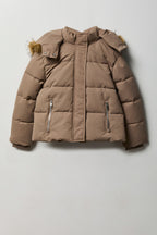 Blouson bouffant court à imprimé City avec liséré de similifourrure