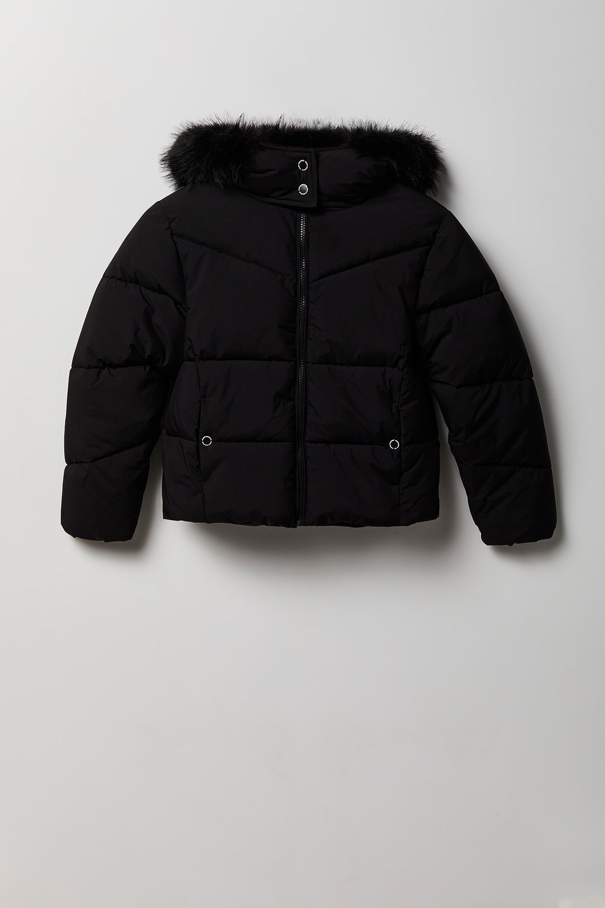 Girls Fur Trim Puffer Jacket - Black