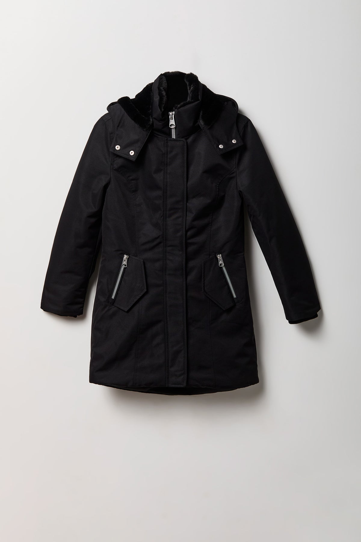 Girls Faux Fur Lined Midi Parka - Black
