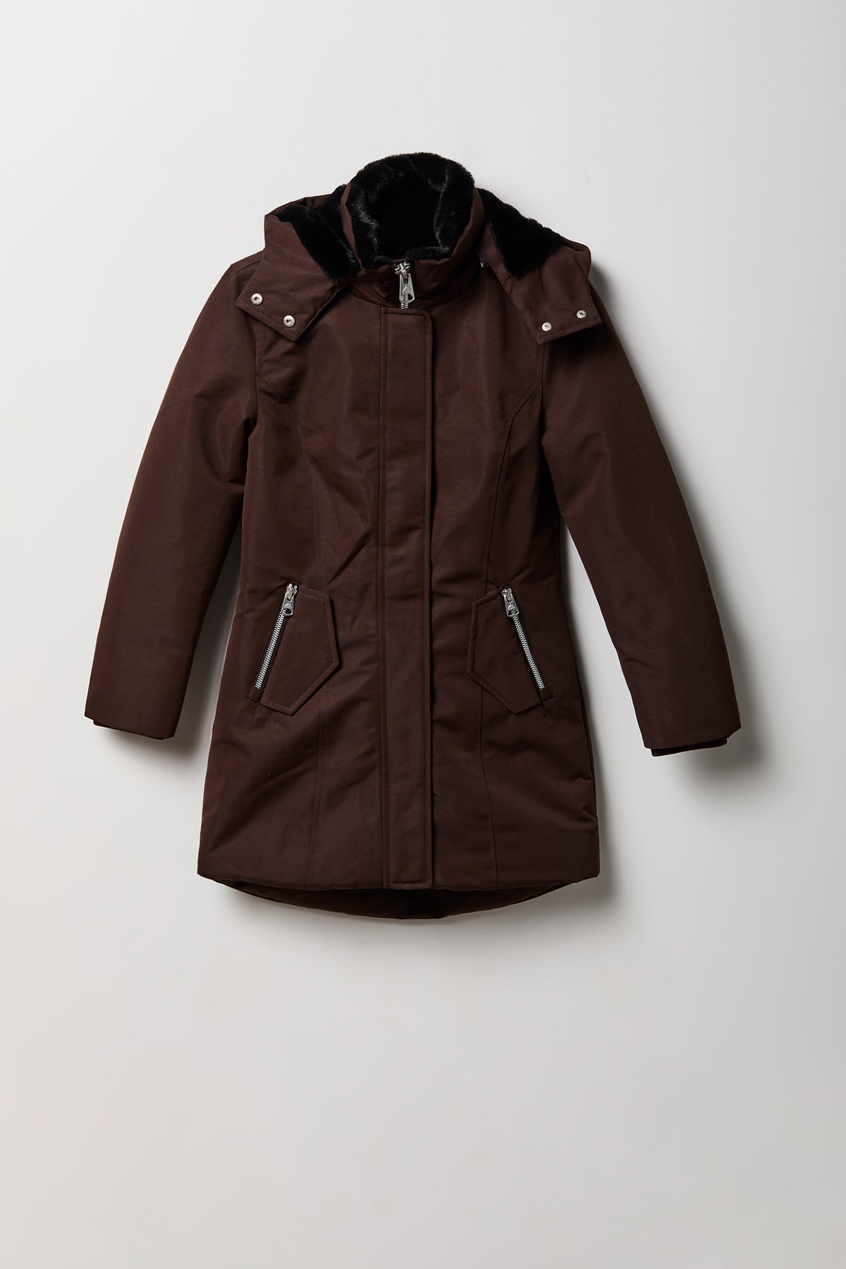 Girls Faux Fur Lined Midi Parka - Brown
