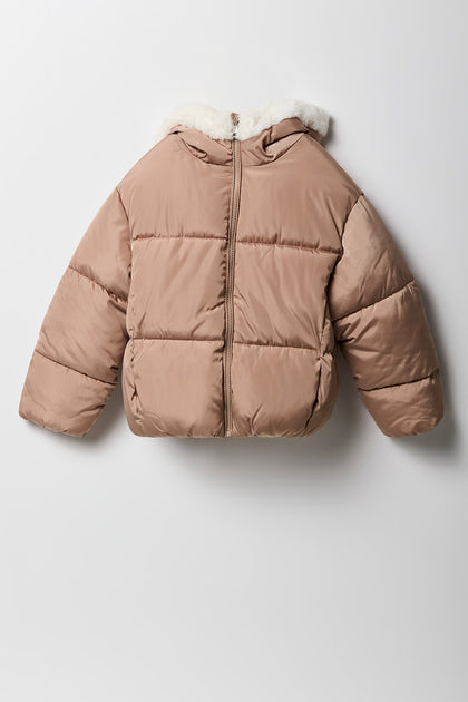 Manteau bouffant à capuchon doublé de similifourrure pour fille