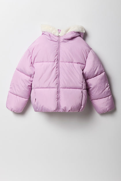 Manteau bouffant à capuchon doublé de similifourrure pour fille