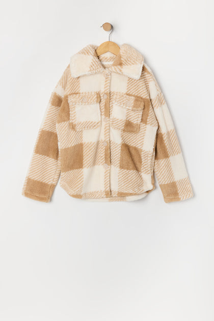 Girls Sherpa Plaid Shacket