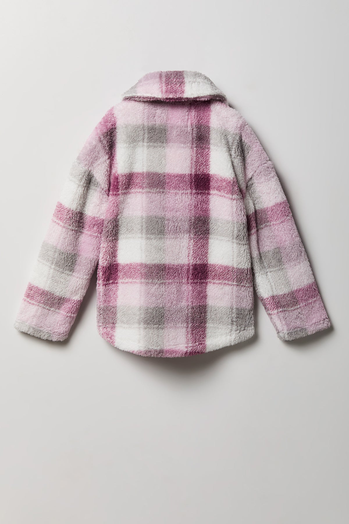 Alt View 2. Girls Sherpa Plaid Shacket - Purple