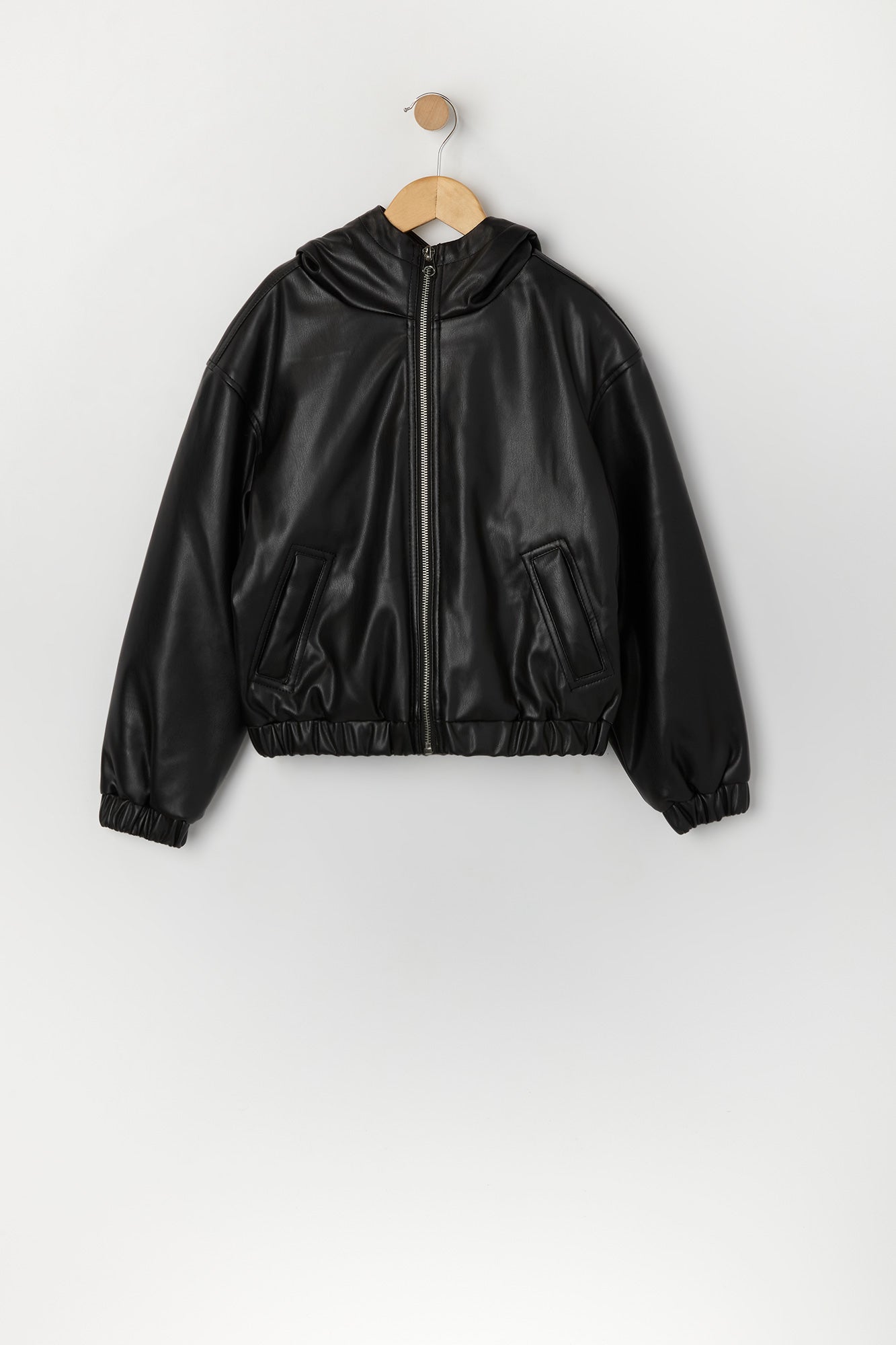 Girls Faux Leather Hooded Bomber Jacket